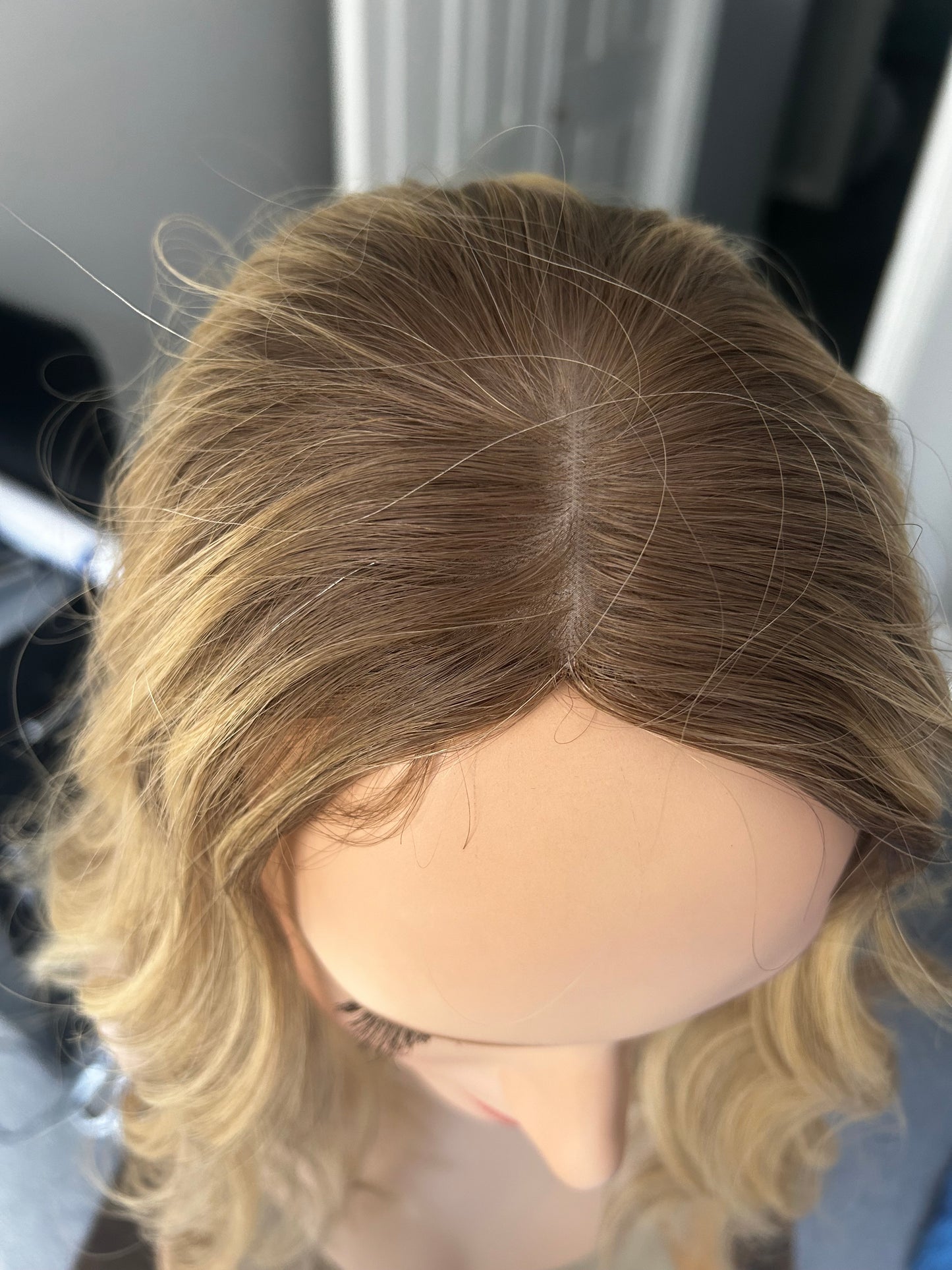 Warm Level 8 Blonde with Neutral Level 6 Dark Blonde Roots and Lowlights Human Hair Topper