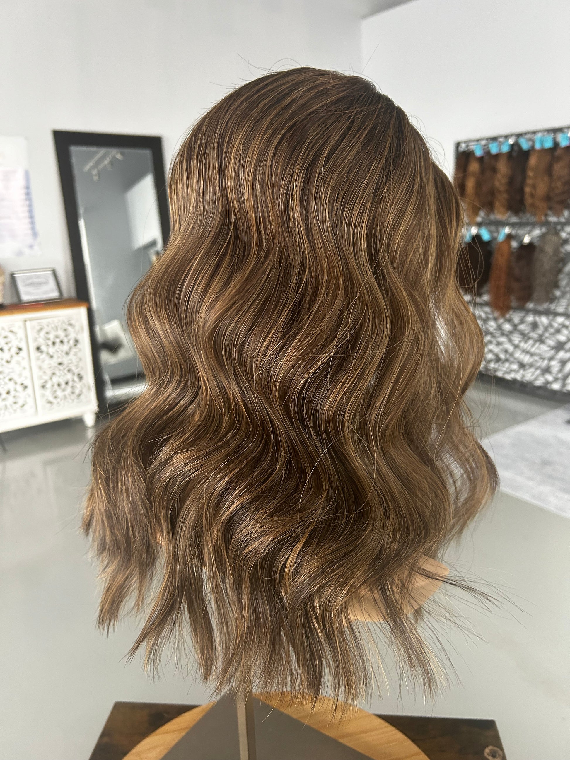 Neutral Level 4 Medium Brown with approx. Level 6 Honey Blonde Highlights, leans warm Human Hair Lace Top Topper