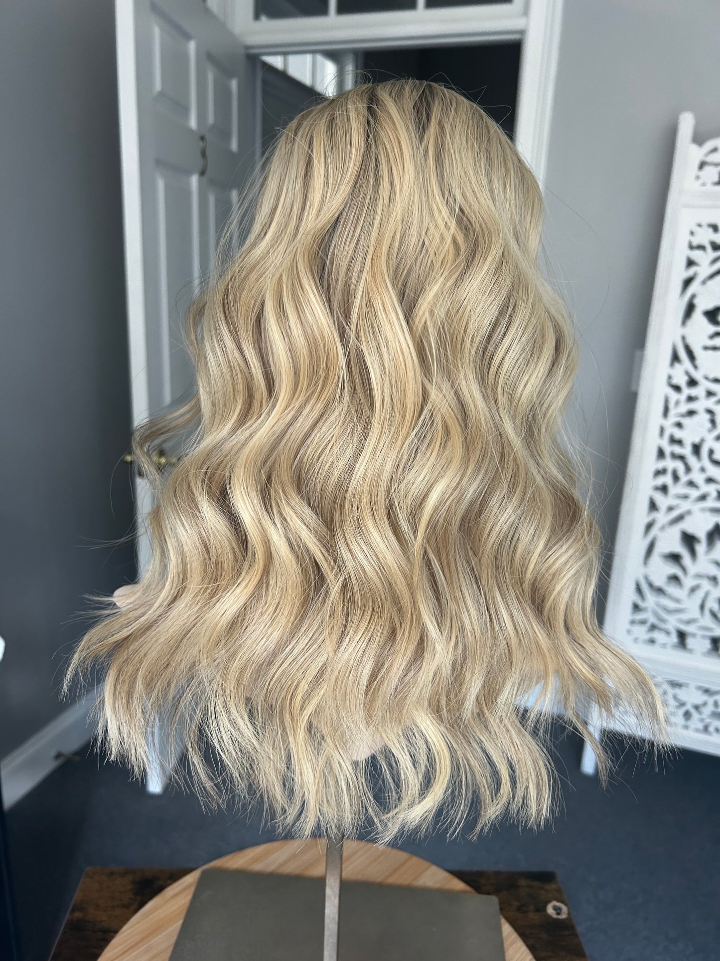 Warm Level 8 Blonde with Neutral Level 6 Dark Blonde Roots and Lowlights Human Hair Topper