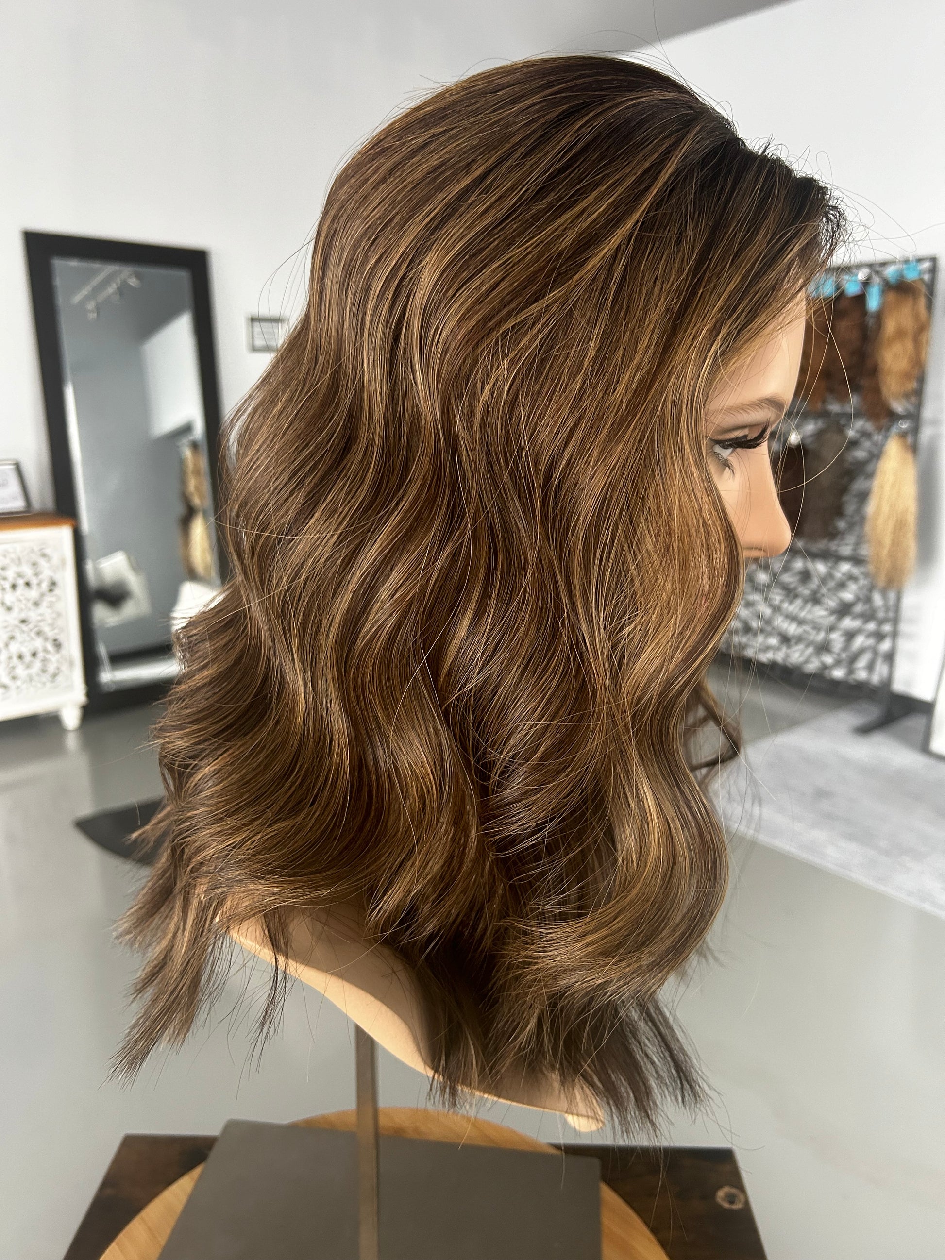 Neutral Level 4 Medium Brown with approx. Level 6 Honey Blonde Highlights, leans warm Human Hair Lace Top Topper