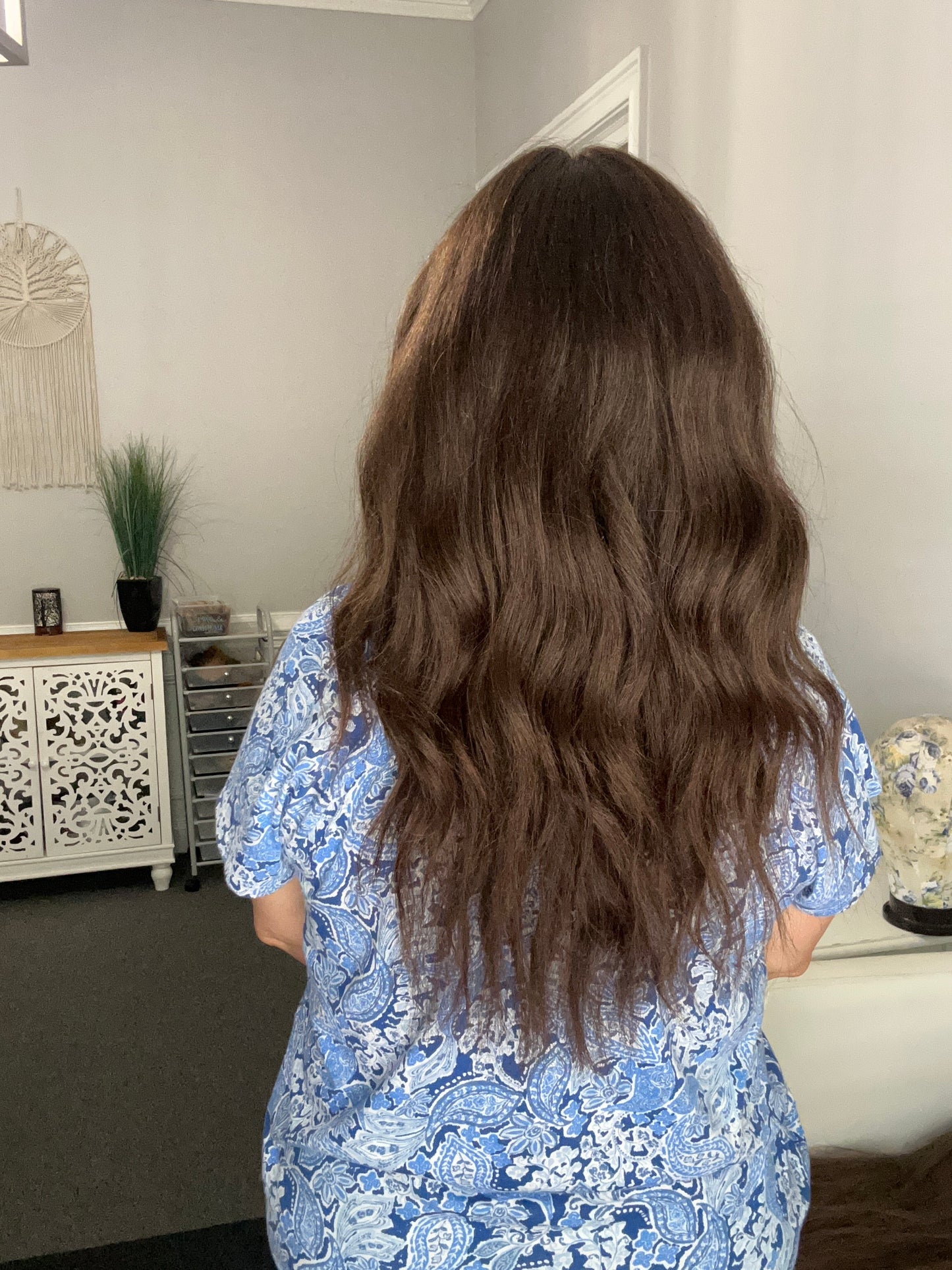 Full Wig- Virgin European dark Brown, medium cap, 18-21”