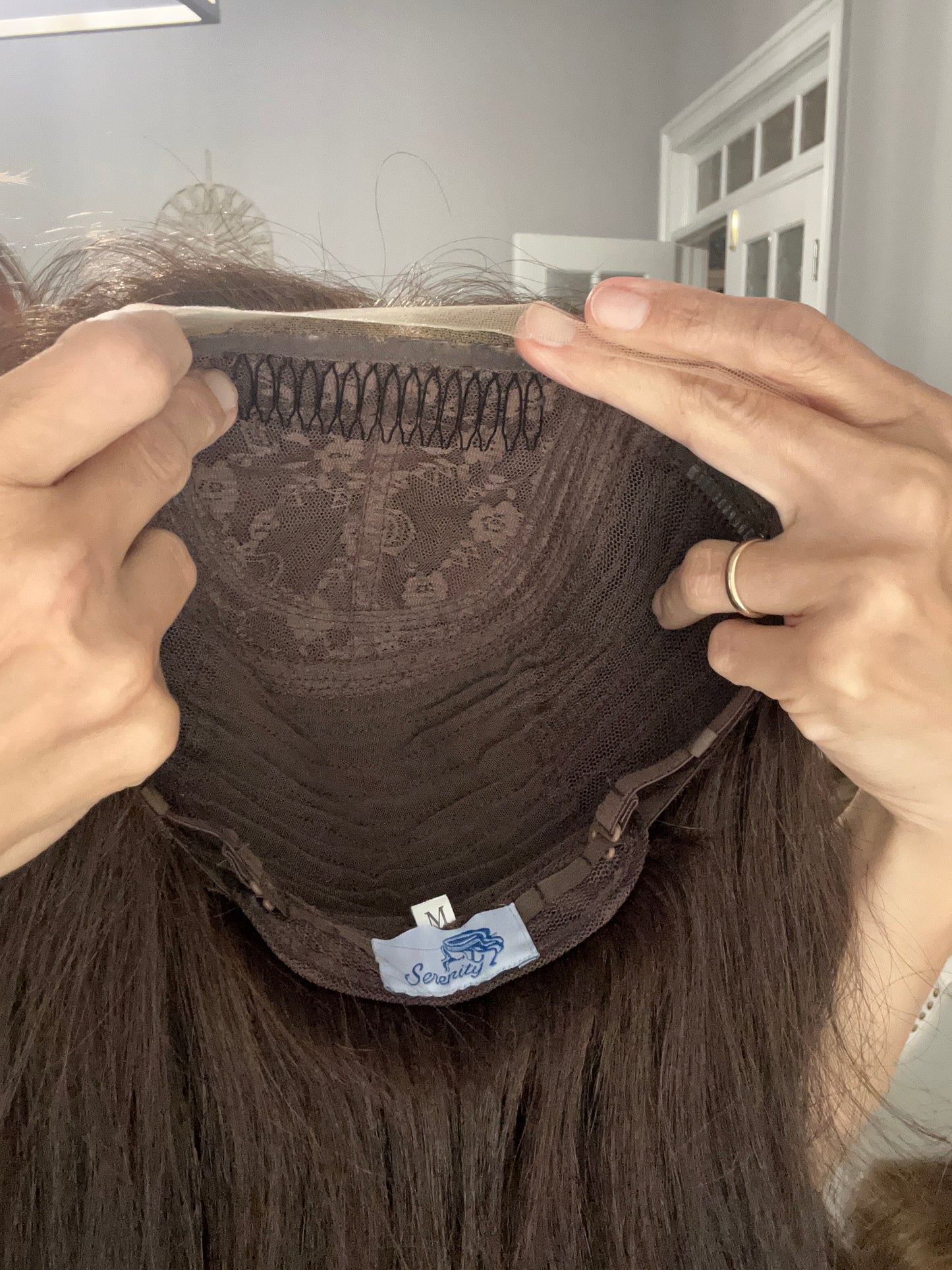 Full Wig- Virgin European dark Brown, medium cap, 18-21”