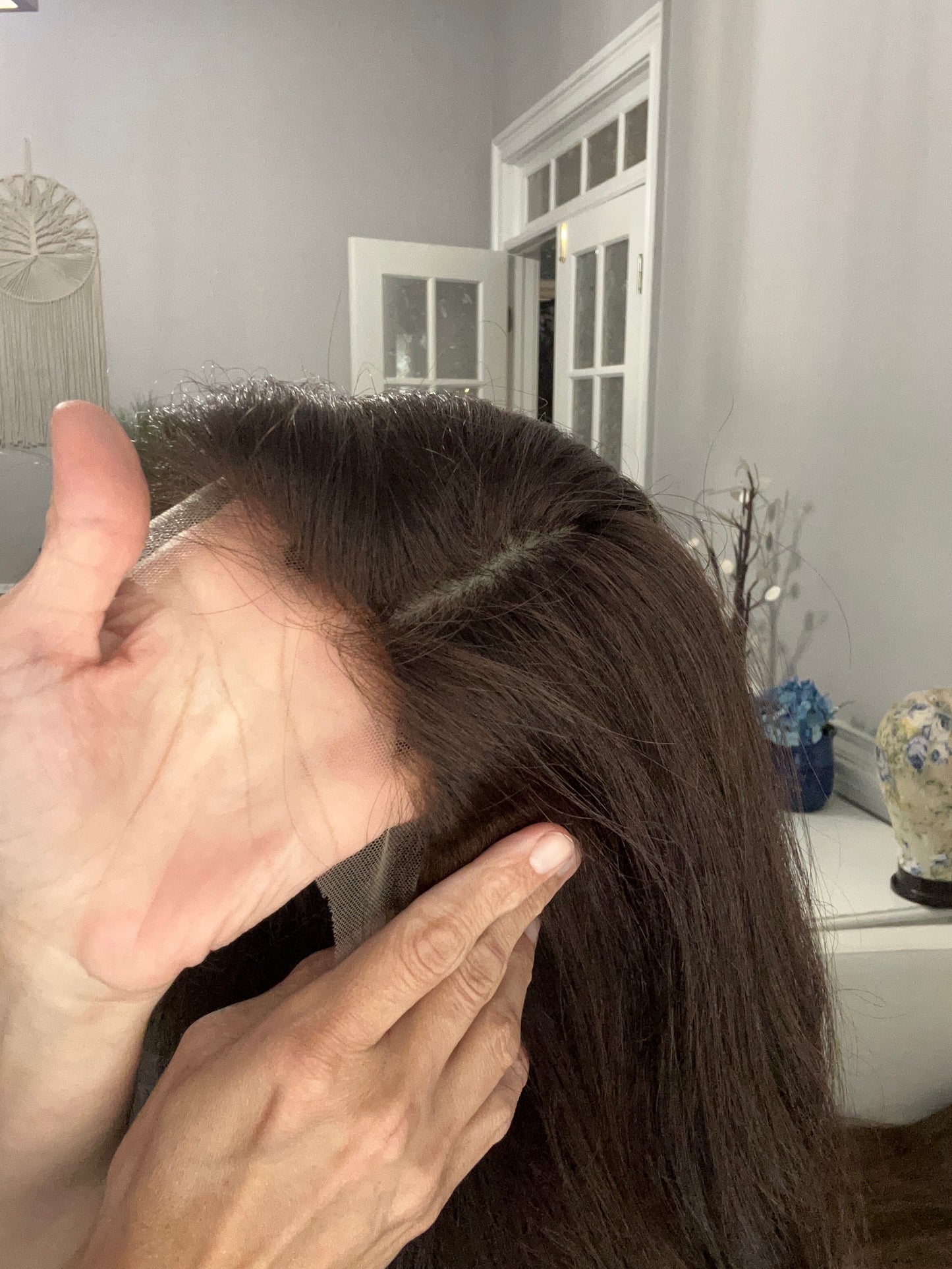 Full Wig- Virgin European dark Brown, medium cap, 18-21”