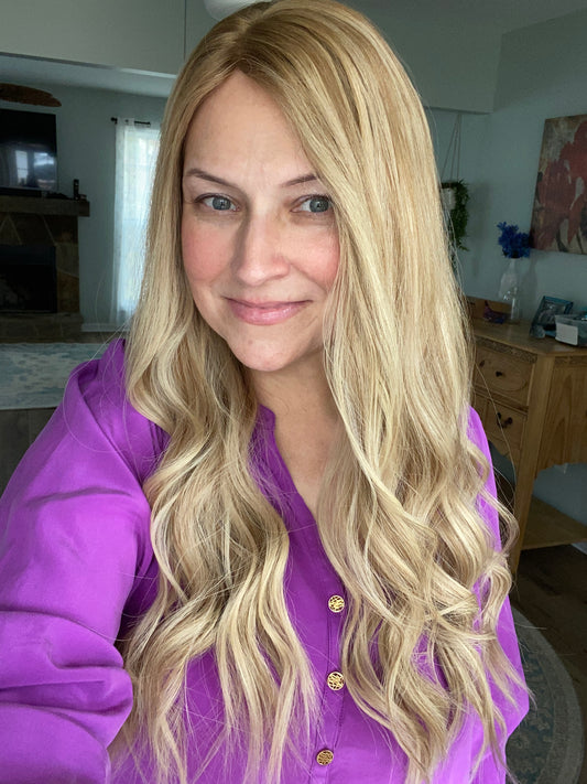 Mix of cool and warm toned blond with light brown roots and dimensional warm lowlights Human Hair Topper