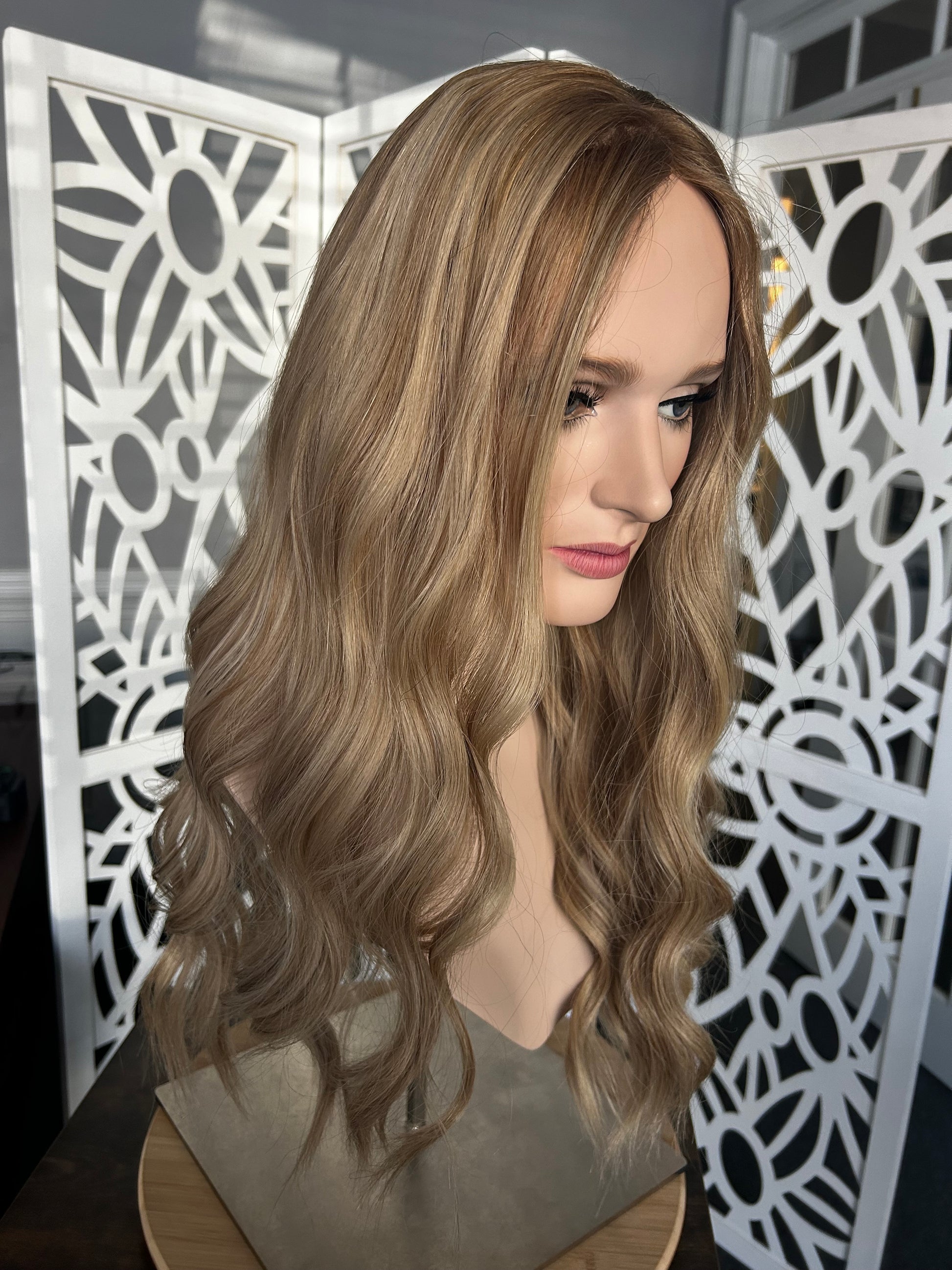 Mix of cool and warm toned blond with light brown roots and dimensional warm lowlights Human Hair Topper