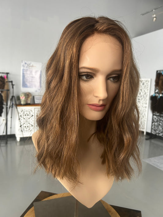 Neutral Level 4 Medium Brown with Dimensional Cool Highlights approx. Level 8 Human Hair Topper