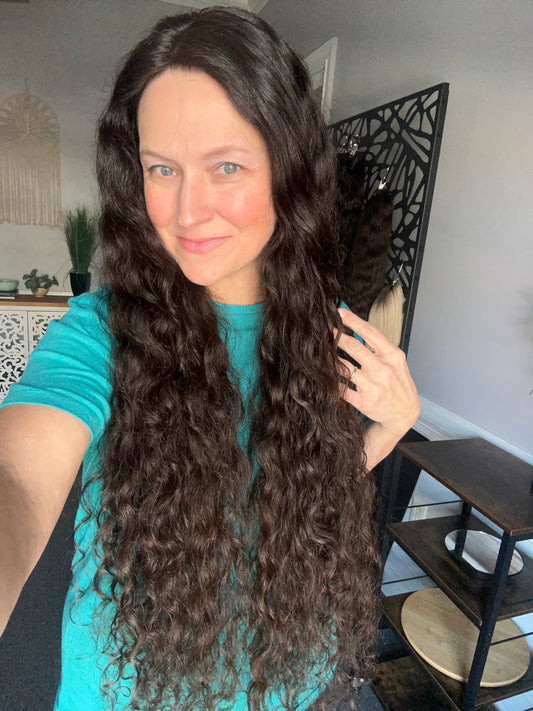 Topper - True Virgin European curly Level 2 dark brown 10x10, 33”