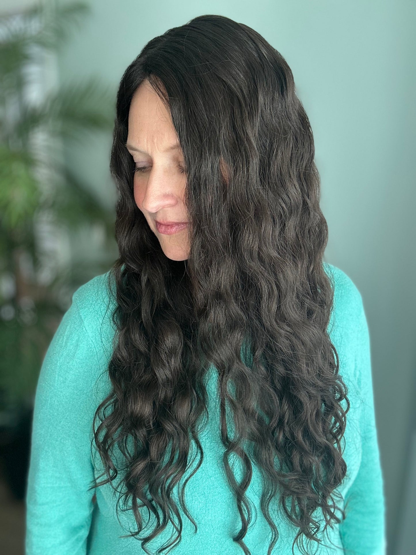 Topper - Ready to ship True Virgin European wavy/curly Level 2 dark brown 8x8, 23”