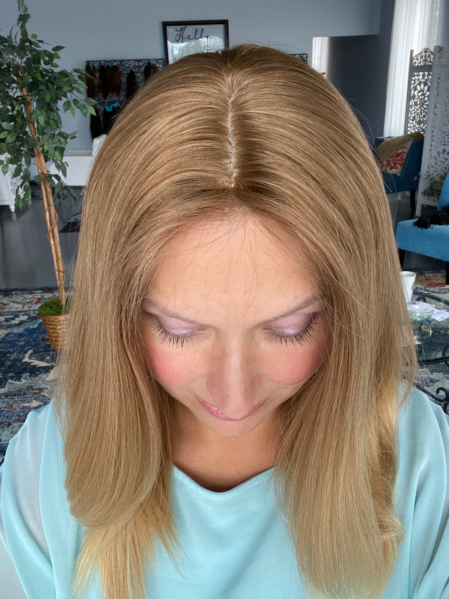 Golden Level 7 Medium Blonde fading to a Level 8 Light Blonde Human Hair Wig
