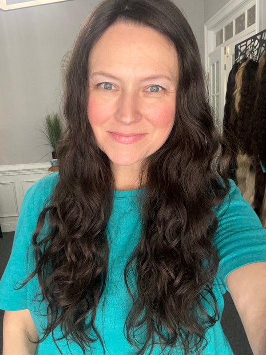 Topper - True Virgin European curly Level 2 dark brown 10x10, 23”