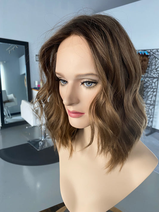 Warm Light Brown approx. Level 5 with subtle rooting Human Hair Wig