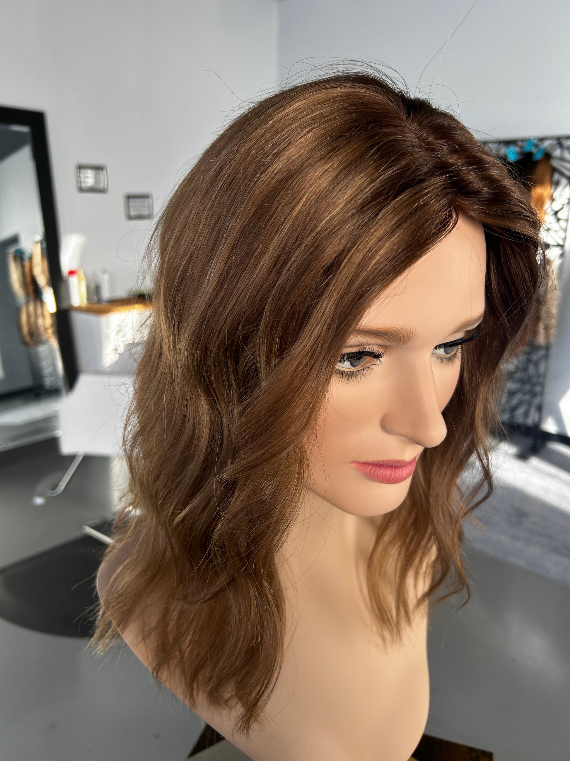 Warm Level 6 Light Brown/Dark Blonde with Level 5 Neutral Leans Warm Roots and Lowlights Human Hair Topper